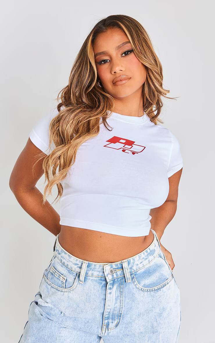 PRETTYLITTLETHING White Flame Printed Fitted Crop Top | PrettyLittleThing UK