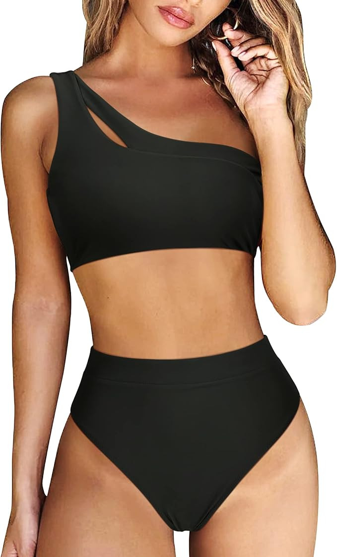 RXRXCOCO Women One Shoulder High Waisted Bikini Set Color Block High Cut 2 Piece Swimsuit Bathing... | Amazon (US)