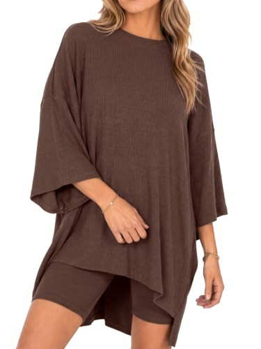 Fisoew Womens 2 Piece Lounge Set Ribbed Oversized T-Shirt Biker Shorts | Amazon (US)