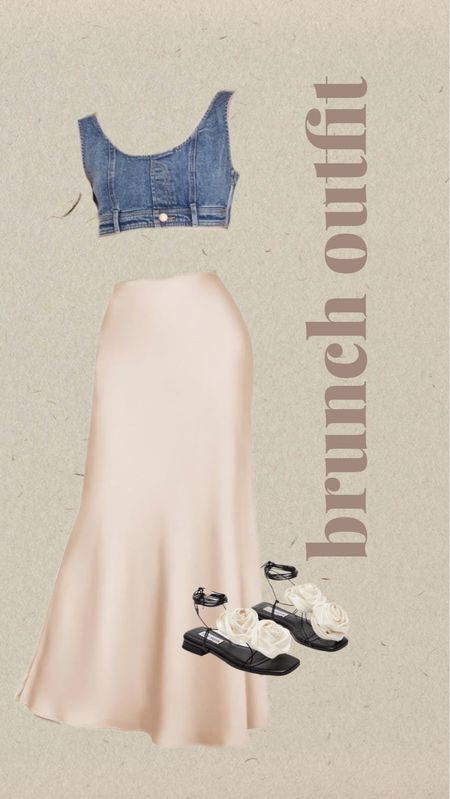 Easy brunch outfit featuring satin maxi skirt and denim crop top bustier and rosette sandals 

#LTKplussize #LTKshoecrush