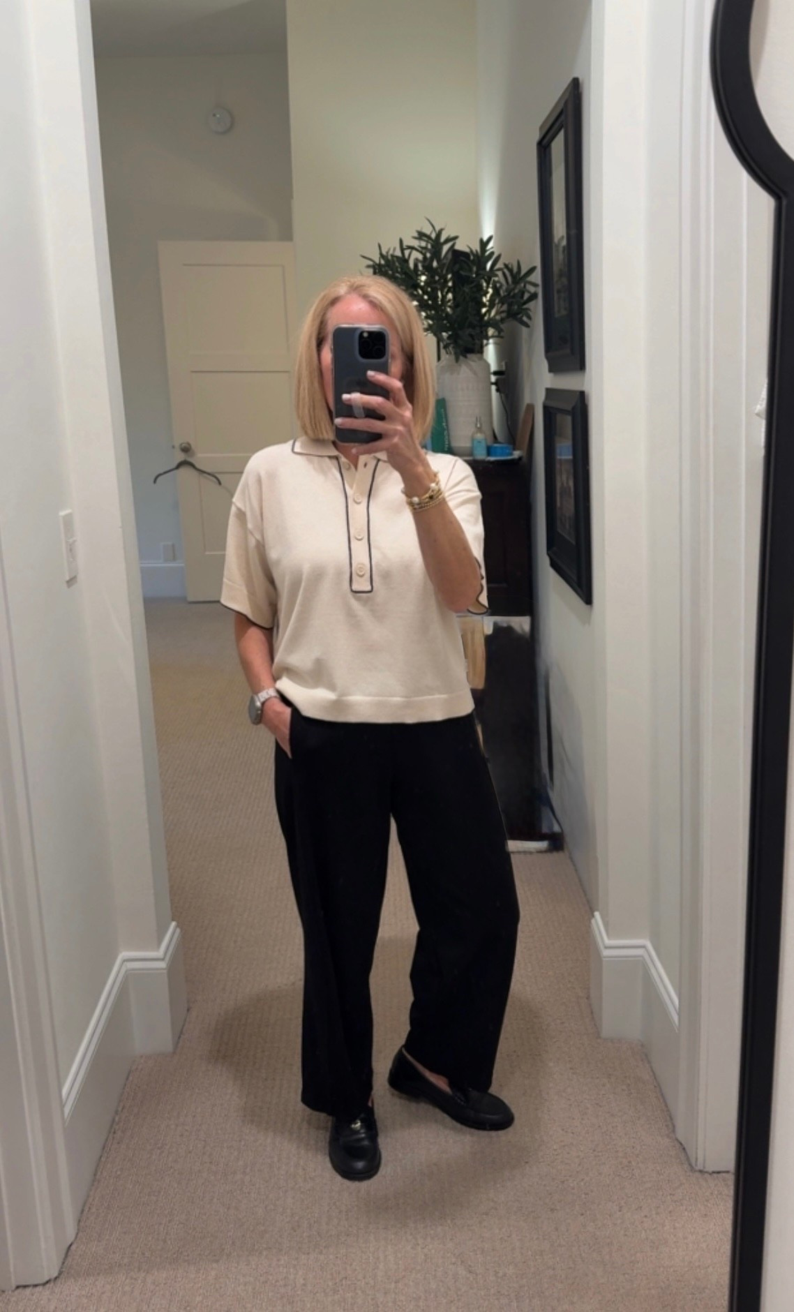 Loving this cream Max Studio polo and these new favorite barrel leg pants that are like pj’s, both from Nordstrom Rack! I will definitely be wearing this on repeat. Polo comes in black with ivory accents. Wearing on extra small in all! 

#LTKootd #LTKOver40 #LTKSaleAlert