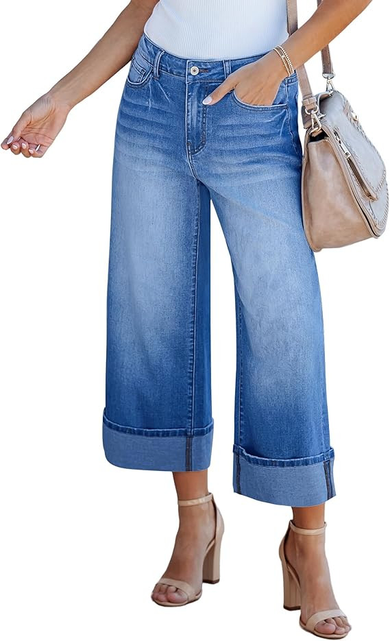 GRAPENT Wide Leg Jeans for Women High Waisted Stretchy Denim Crop Pants Fold Hem Cropped Baggy Je... | Amazon (US)
