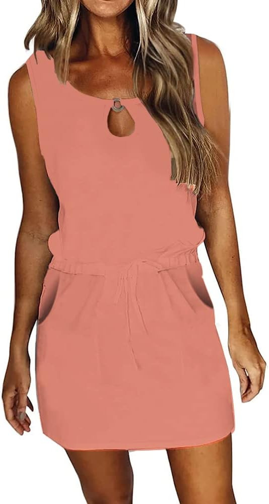 SAUKOLE Womens Summer Causal Loose Sleeveless Crew Neck Drawstring Waist Mini Short Dress with Po... | Amazon (US)
