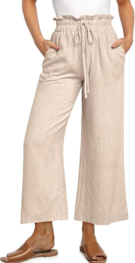 UEU Women's Linen Casual Pants Summer Wide Leg Loose Ruffle High Waist Cropped Drawstring Palazzo... | Amazon (US)