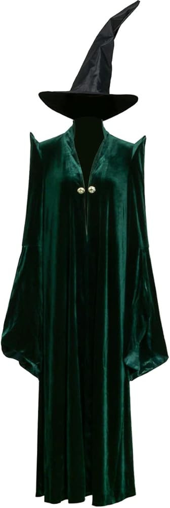 Professor Mcgonagall Costume Adult Women’s Green Velvet Cloak Cape Robe Black Witch Hat Hallowe... | Amazon (US)