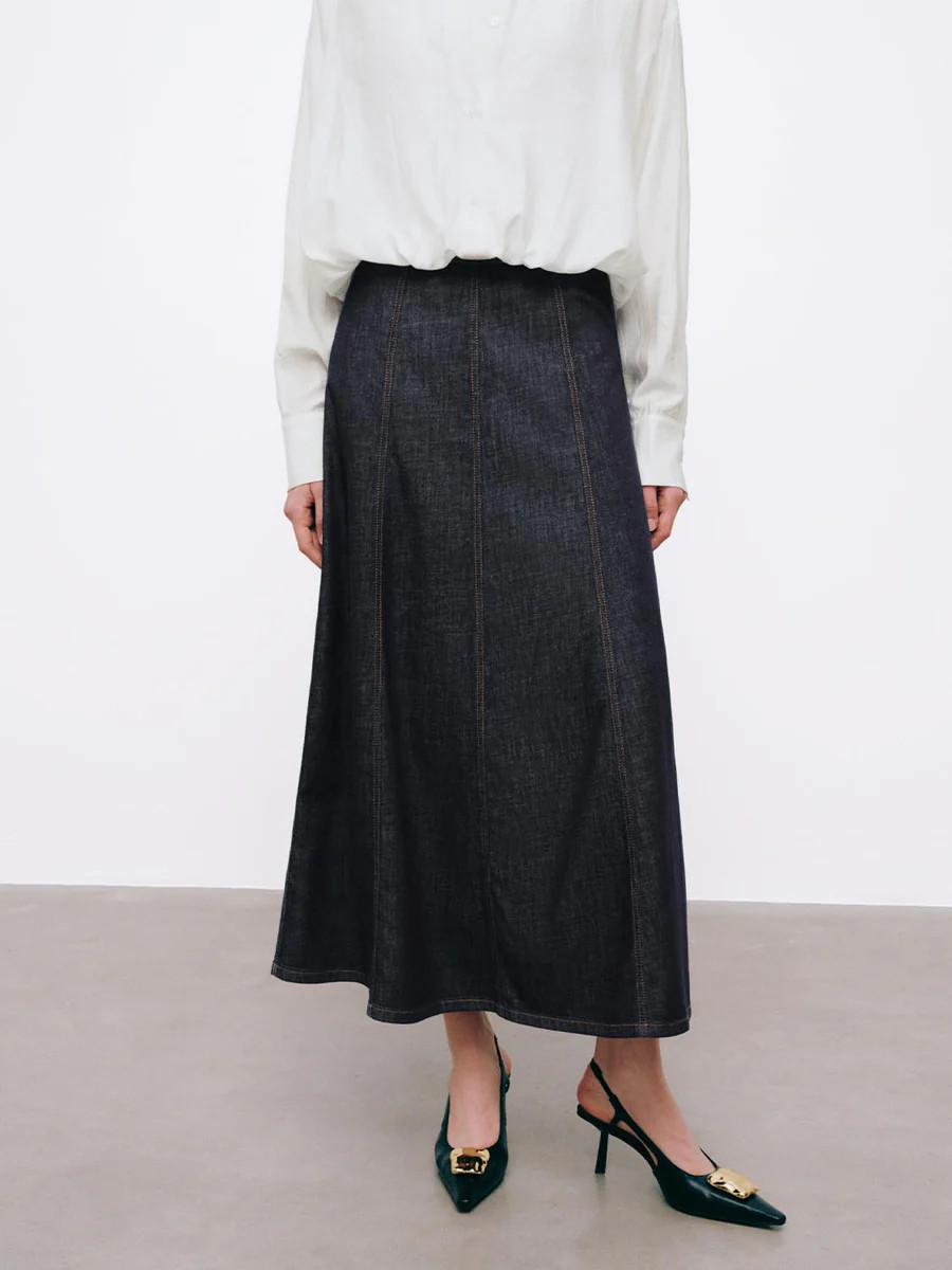 Stitch Detail Seamed Denim Midi Skirts | Urban Revivo