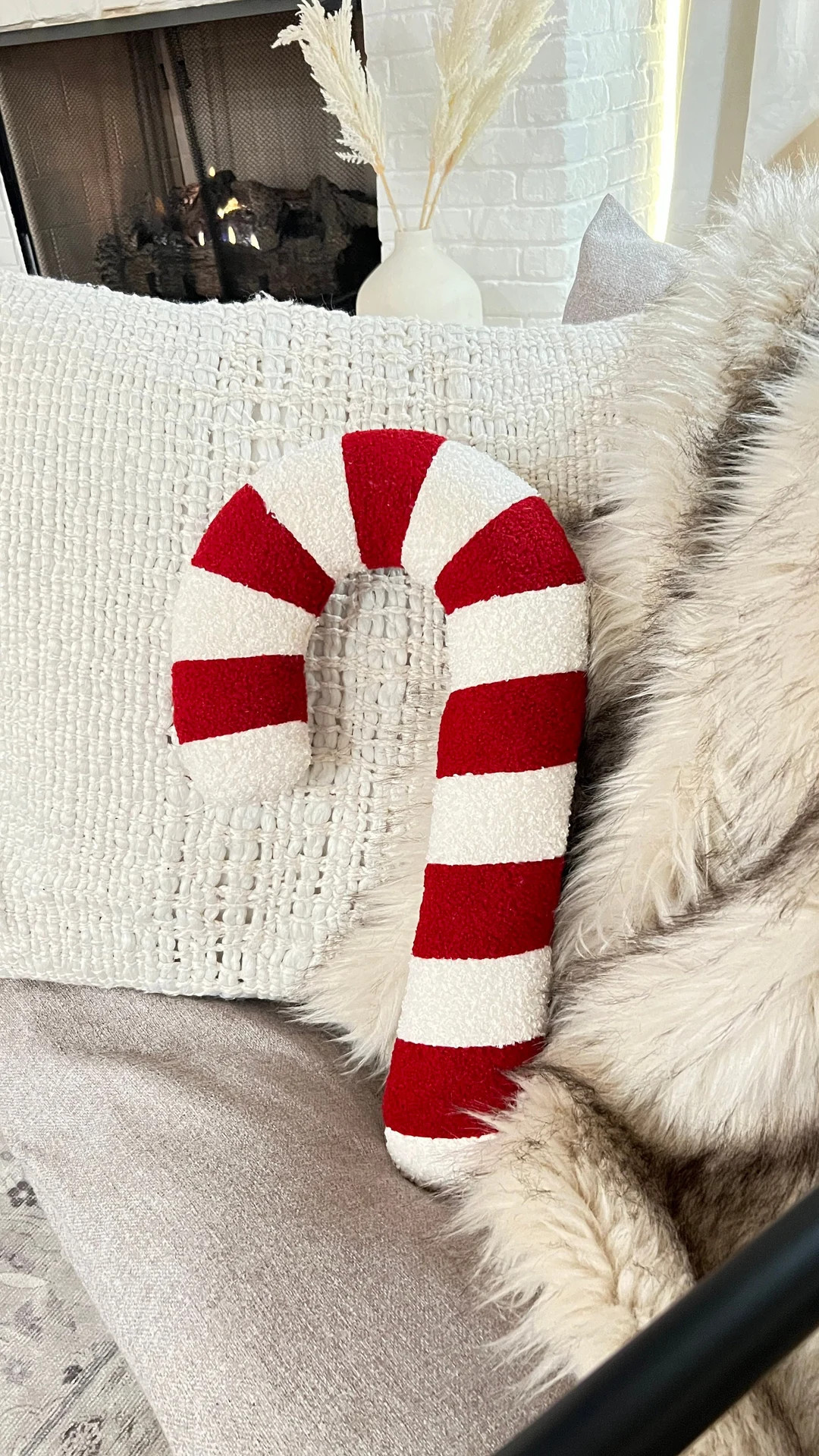 SHIPS FAST Cozy Christmas Candy Cane Sherpa Pillow Decor Fuzzy Throw Pillow Holiday Decor - Etsy | Etsy (US)