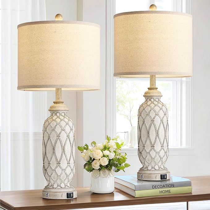 Farmhouse Table Lamps for Bedroom Set of 2, 28" Rustic Bedside Lamp with USB Ports, 3-Way Dimmabl... | Amazon (US)