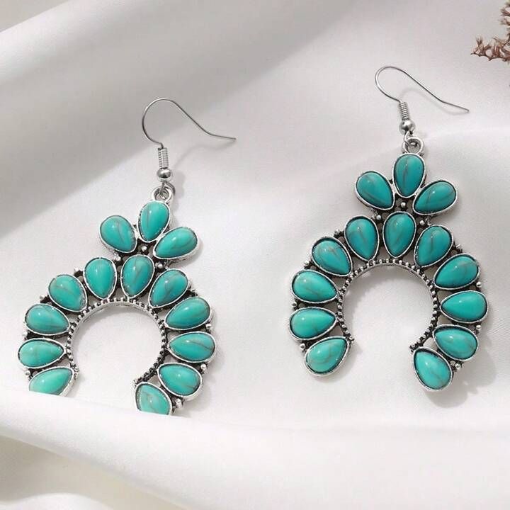 1pc Retro Personality Fan-Shaped Hollow-Out Green Turquoise Drop Earrings, European And American ... | SHEIN