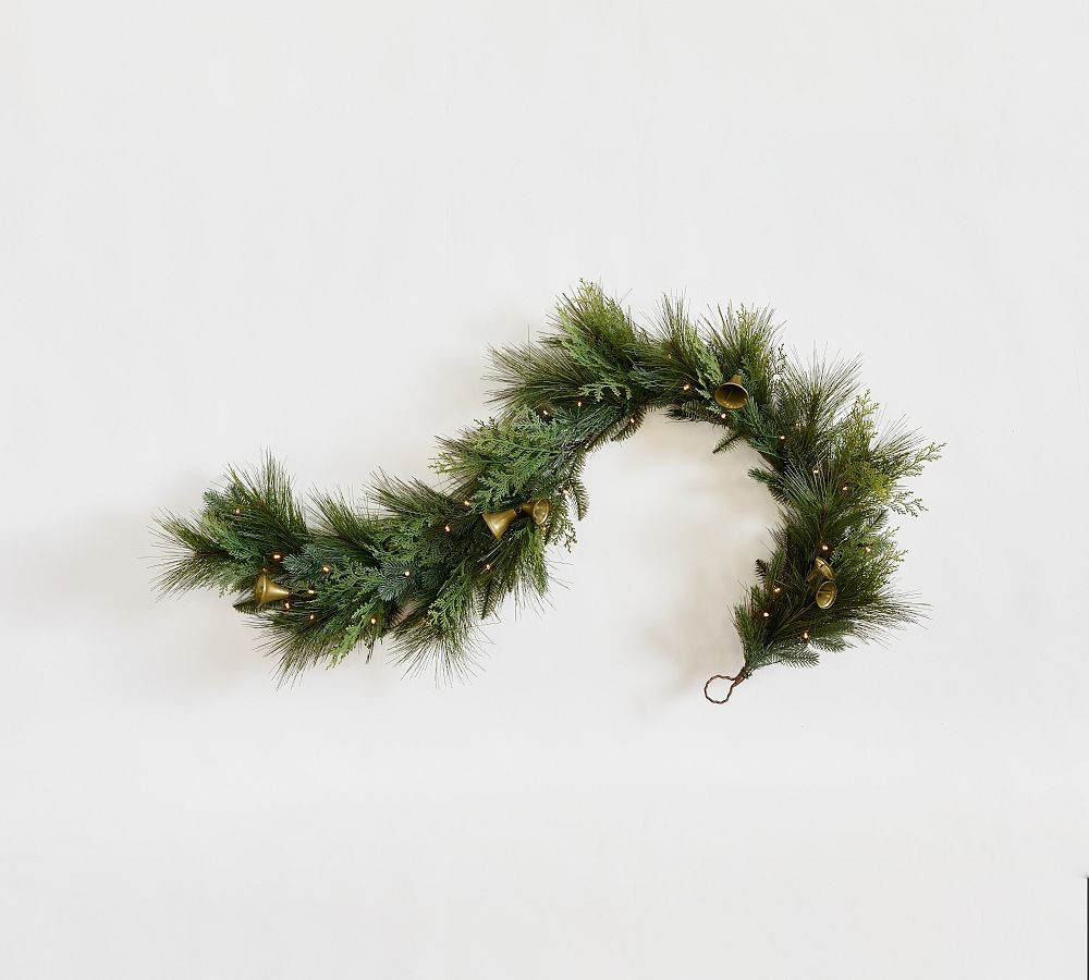 Faux Lit Mixed Greens Wreath & Garland With Bells | Pottery Barn (US)