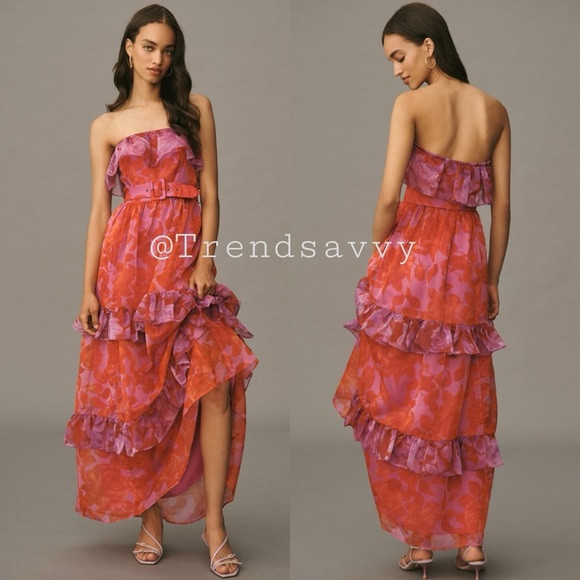 ANTHROPOLOGIE Floral Strapless Tiered Ruffles Belt Maxi Dress Pink NWT | Poshmark