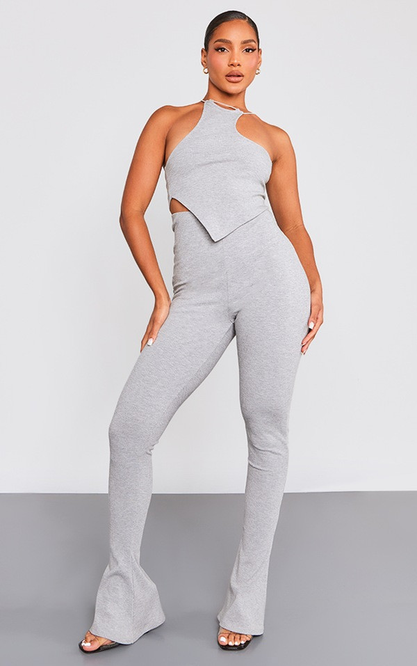 Grey Rib Strappy Crop Top & Flare Legging Set | PrettyLittleThing US
