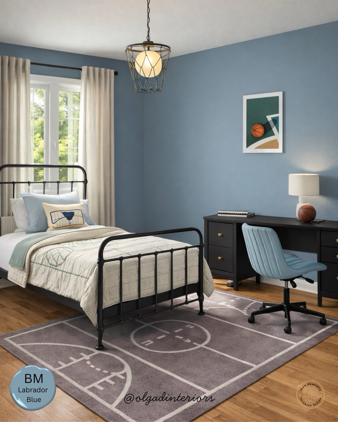 Boys bedroom mood board, fun basketball-inspired bedroom. Metal bed frame, black desk and nightstand, wall art, rug from Pottery Barn, fun bedding, basketball light from Pottery Barn. #homedecor #boysbedroom 

#LTKKids #LTKSeasonal #LTKHome