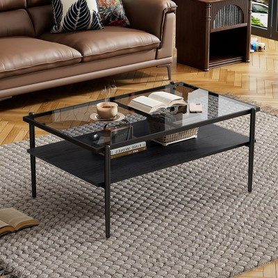 KWPZQEB Modern Coffee Table Rectangle Coffee Table with Tempered Glass Top with Wood Shelf, Metal Frame for Home Living Room, Office, Store, Black | Target