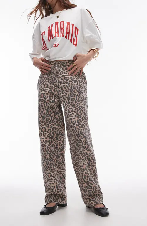 Topshop Animal Print Straight Leg Pants in Brown Multi at Nordstrom, Size 0 Us | Nordstrom