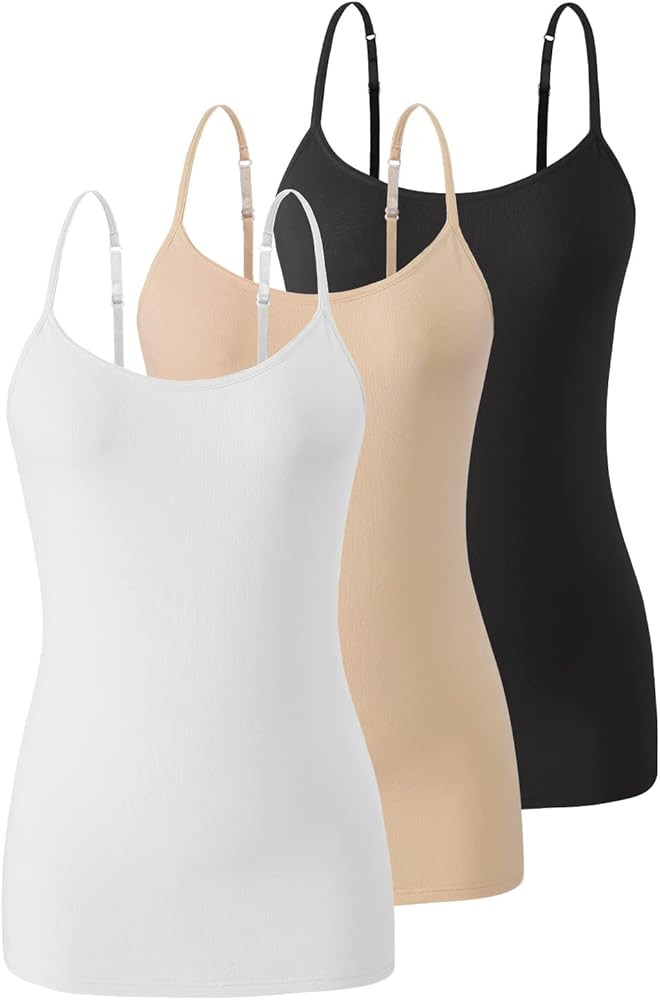 Air Curvey 3 Pack Camisole Tops for Women Built in Bra Adjustable Strap Soft Cotton Undershirt Ta... | Amazon (US)