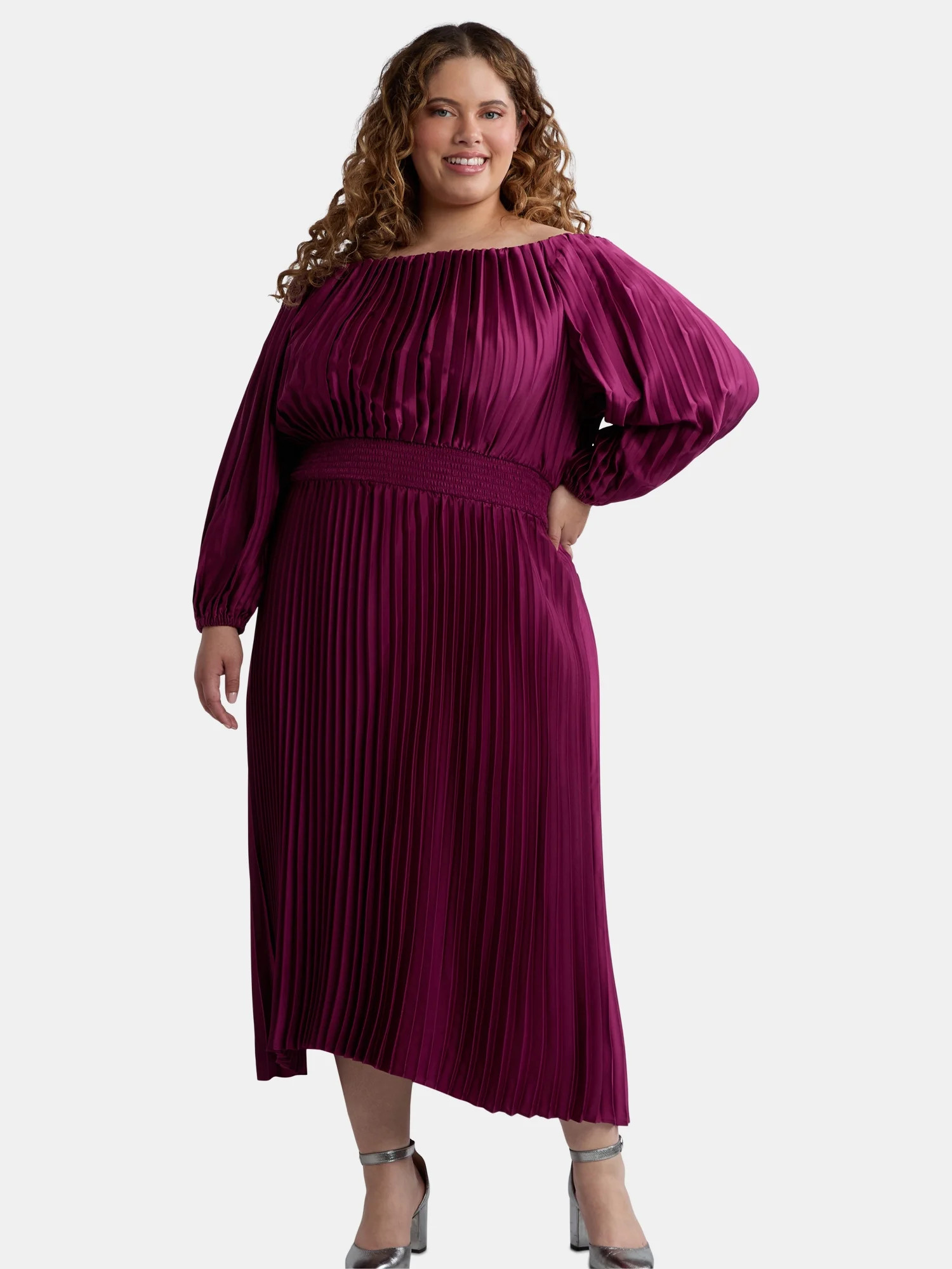 Terra & Sky Black Label Women's Plus Size Pleated Off the Shoulder Midi Dress, 0X-5X | Walmart (US)