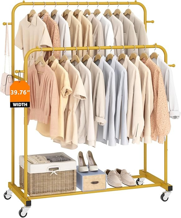 Laiensia Double Rods Garment Rack with Wheels, Clothing Rack for Hanging Clothes,4 Hooks, Multi-f... | Amazon (US)