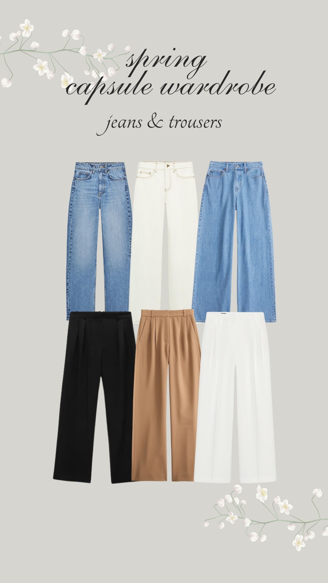 Spring Capsule Wardrobe 🌷 Jeans and Trousers edition. Blue straight and wide leg jeans, cream and white jeans and trousers. Black and Tan essential tailored trousers  

#LTKworkwear #LTKstyletip #LTKspring