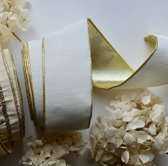 Ivory Velvet and Gold Lamé Wired Ribbon - Etsy | Etsy (US)
