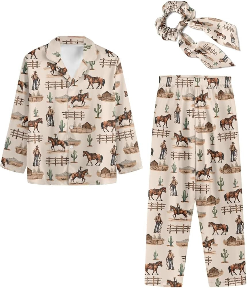 Womens Pajamas 3-Piece Sets Long Sleeve Button Up Pajama Set Loungewear Pjs with Bow Hair Band | Amazon (US)