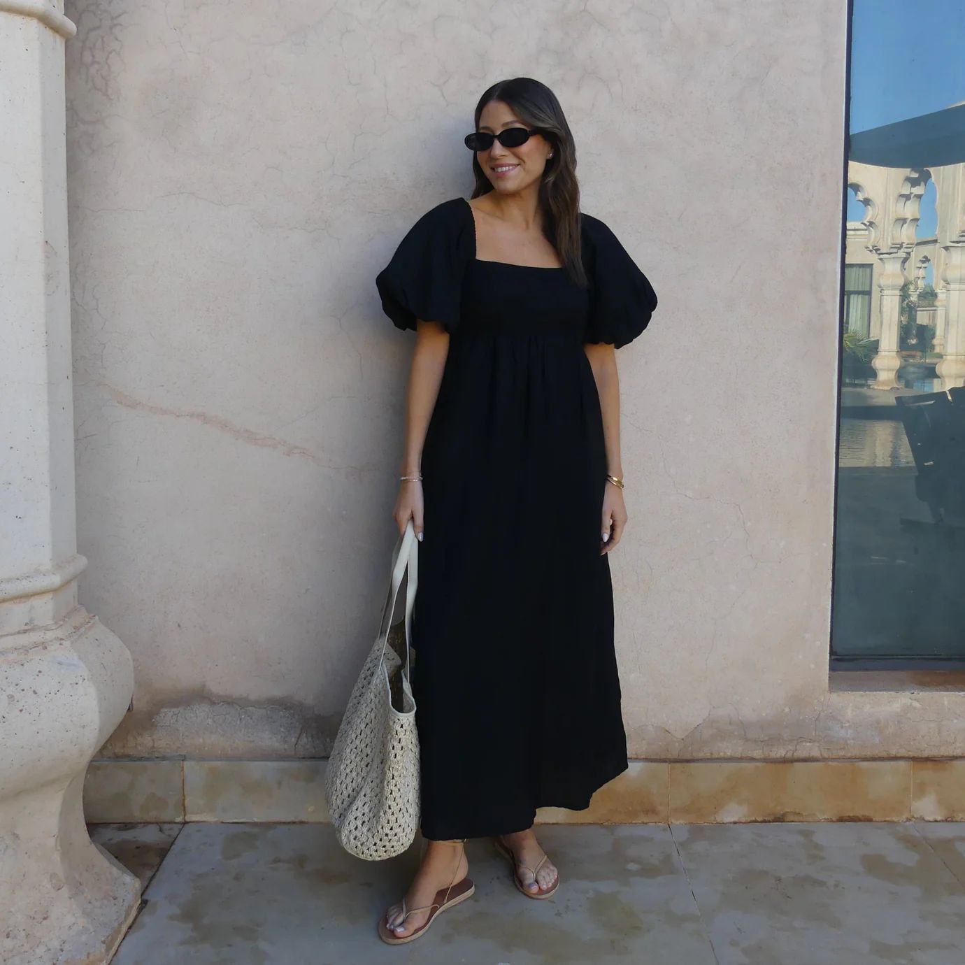 PUFF SLEEVE MIDI DRESS - BLACK | WAT The Brand