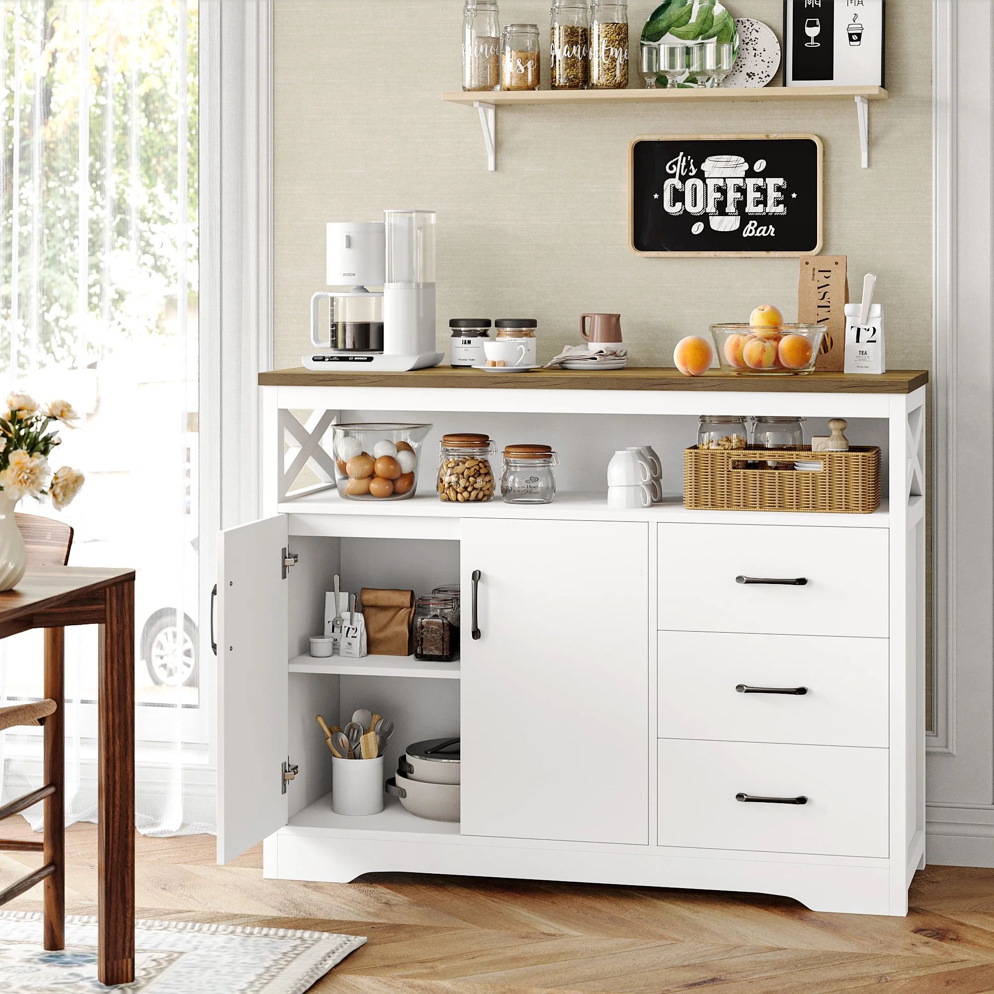 Homfa Kitchen Sideboard with Hutch, 3 Drawer Buffet Cabinet with 2 Doors for Dining Room, White | Walmart (US)
