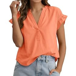 Tankaneo Womens Ruffle Cap Sleeve Tops Summer V Neck Cotton Blouse Dressy Casual Loose Fit Curved... | Amazon (US)