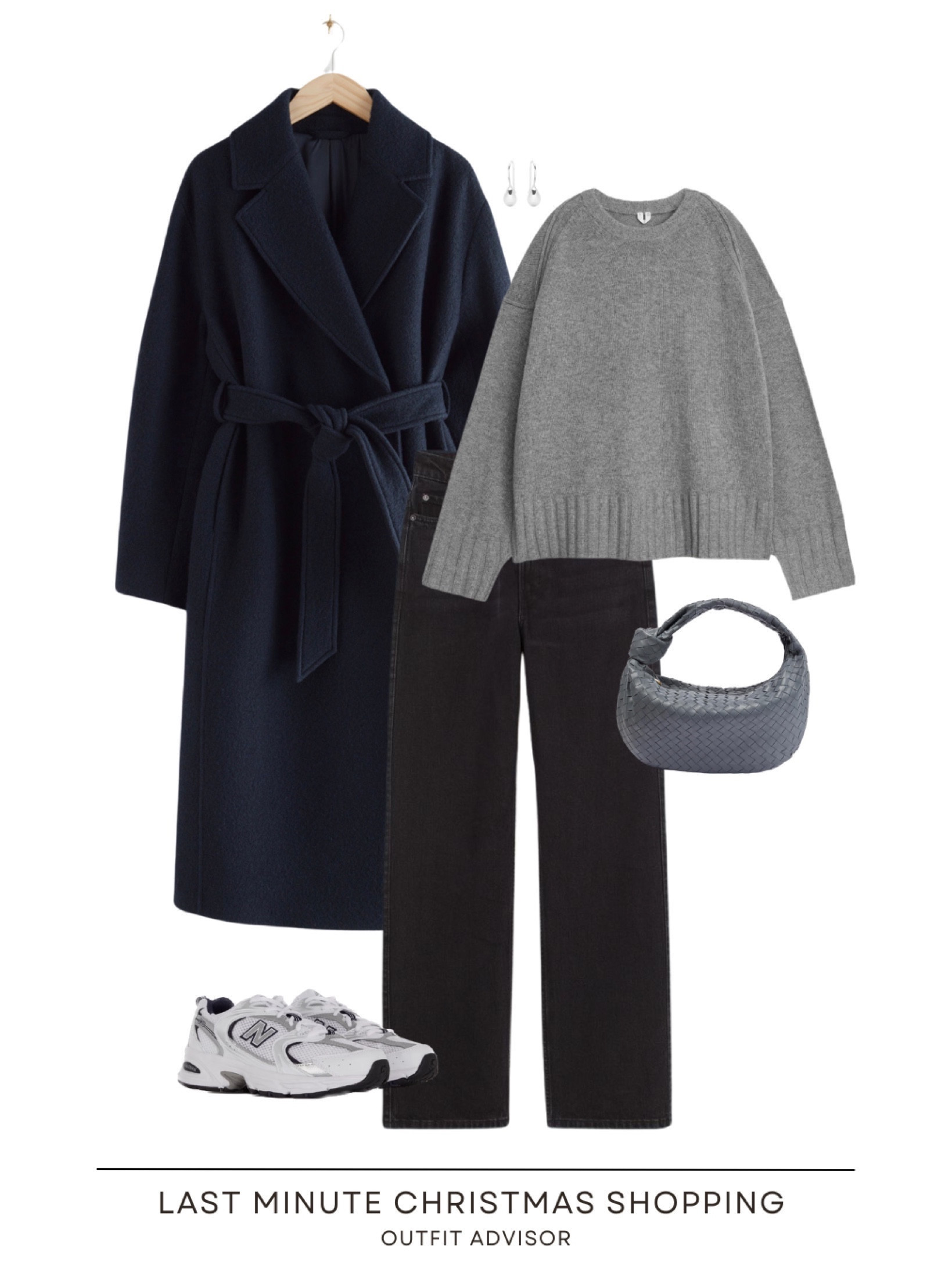 Chic and cozy winter outfit idea: a grey knit jumper from Arket, a Navy belted coat, balck jeans, 550 new balance sneakers, a fun bag and silver earrings 

#LTKHoliday #LTKstyletip #LTKshoecrush