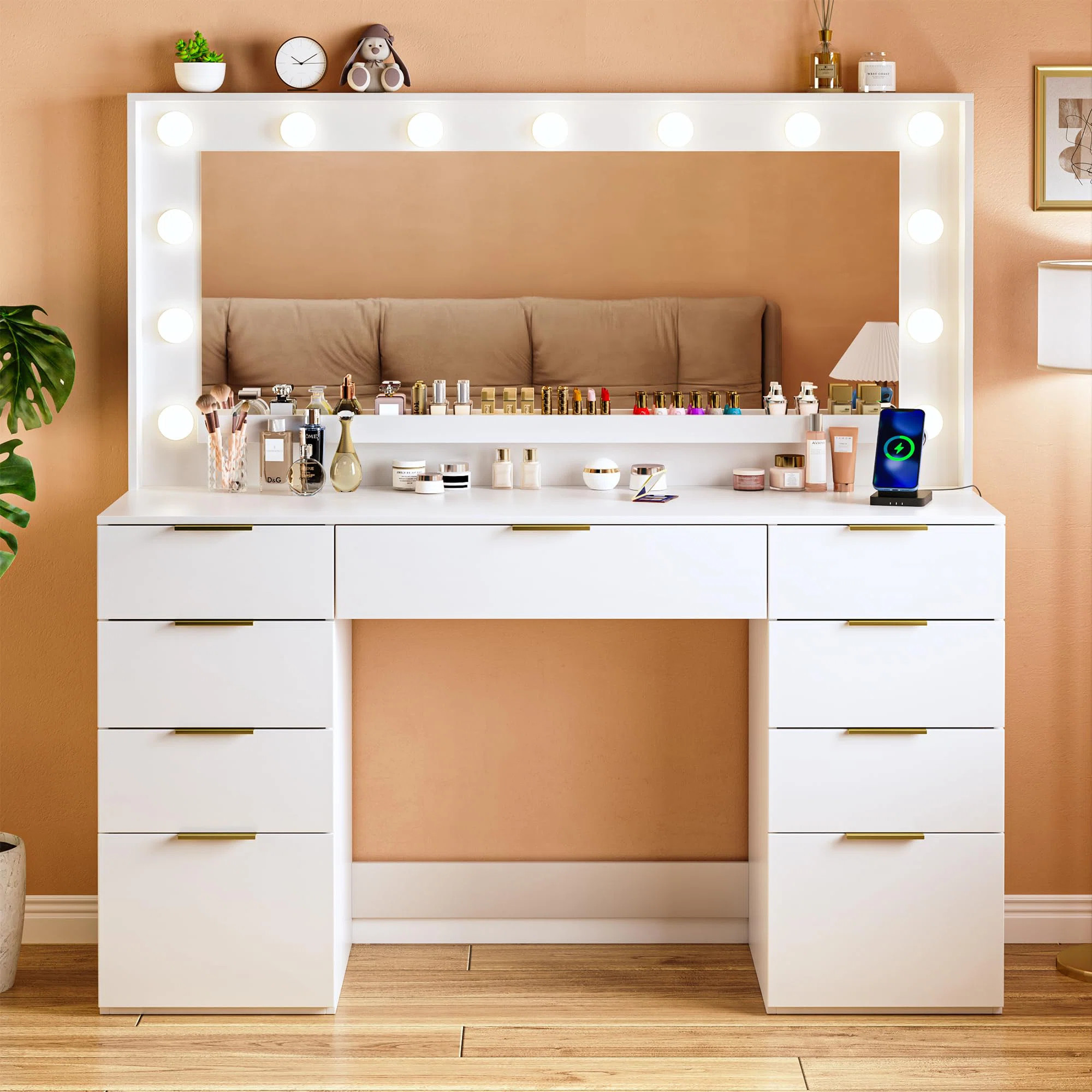Vanity Desk With Large Mirror And Lights, 9 Drawer, Power OutletByEbern Designs4.7Rated 4.7 out o... | Wayfair North America