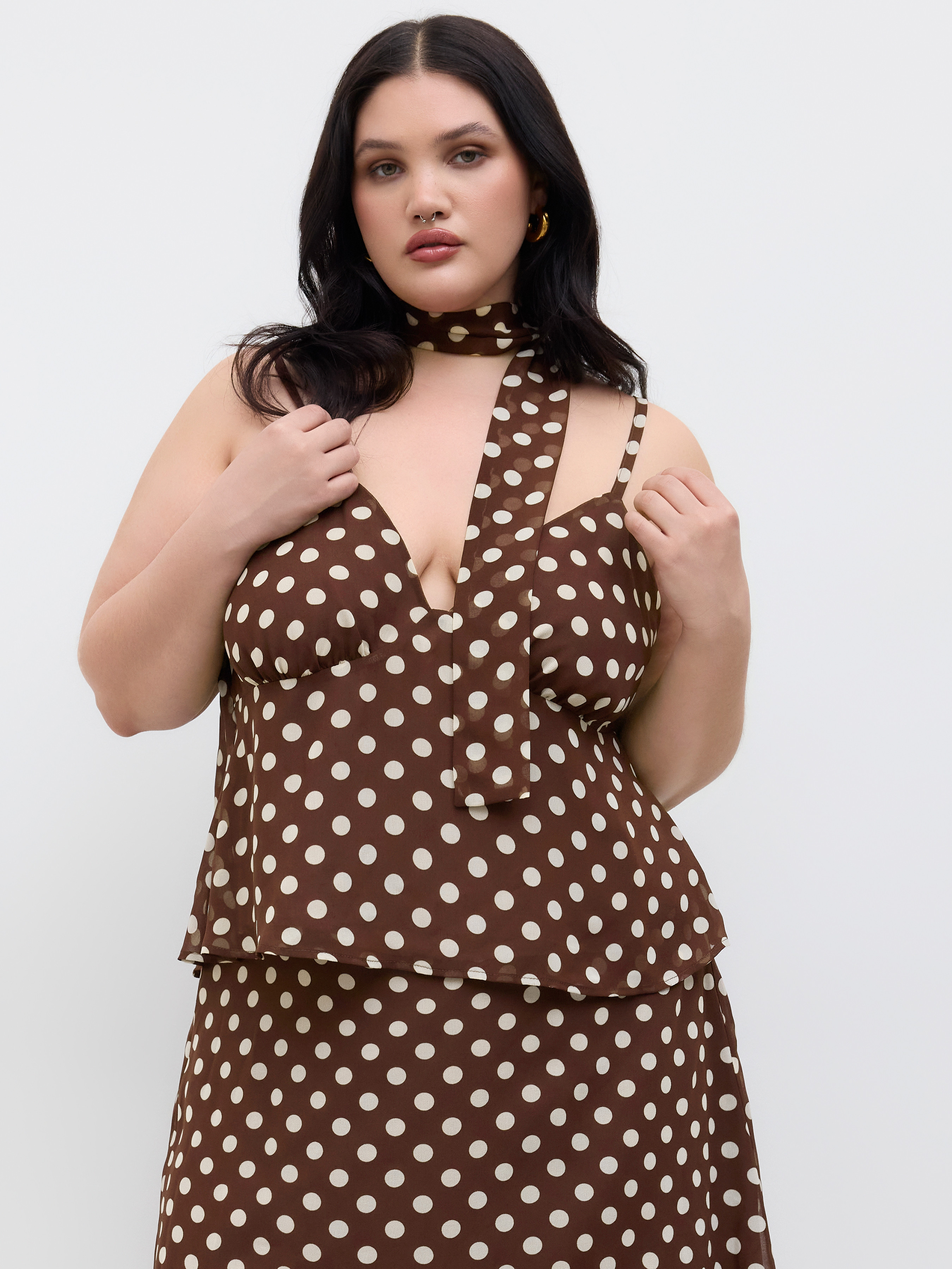 Chiffon Chiffon V-neck Polka Dot Cami Top With Scarf Curve & Plus For Daily Casual | Cider