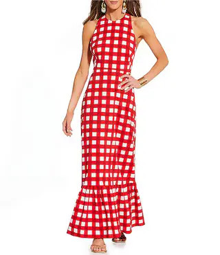 Antonio Melani x Stephanie Covington Nicole Poplin Printed Gingham Jewel Neck Open Back A-Line Ma... | Dillard's