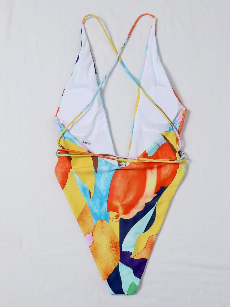 Allover Graphic Plunging One Piece Swimsuit | SHEIN