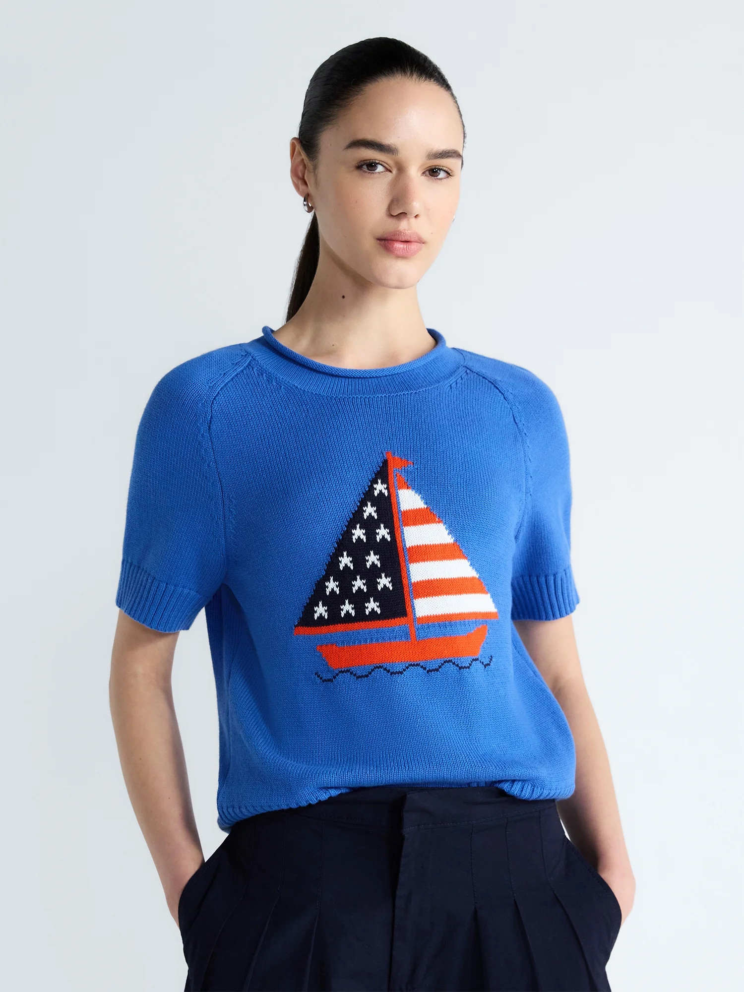 Free Assembly Women's and Women's Plus Roll Neck Cotton Sweater with Short Sleeves, Sizes XS-4X | Walmart (US)