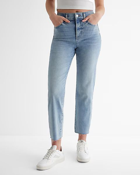 High Waisted Light Wash Raw Hem Straight Ankle Jeans | Express