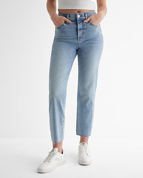 High Waisted Light Wash Raw Hem Straight Ankle Jeans | Express (Pmt Risk)