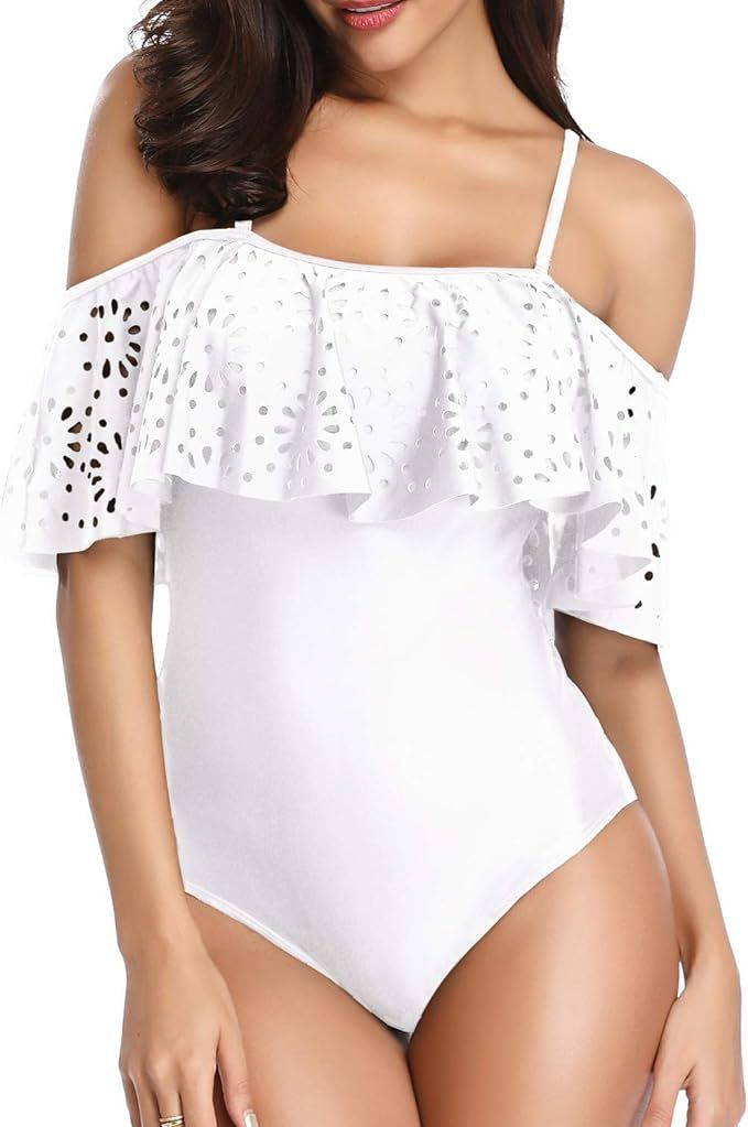 Tempt Me Women One Piece Off Shoulder Lace Swimsuits Ruffle Flounce Hollow Bathing Suits | Amazon (US)