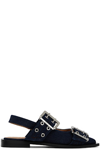 Navy Denim Buckle Ballerina Flats | SSENSE