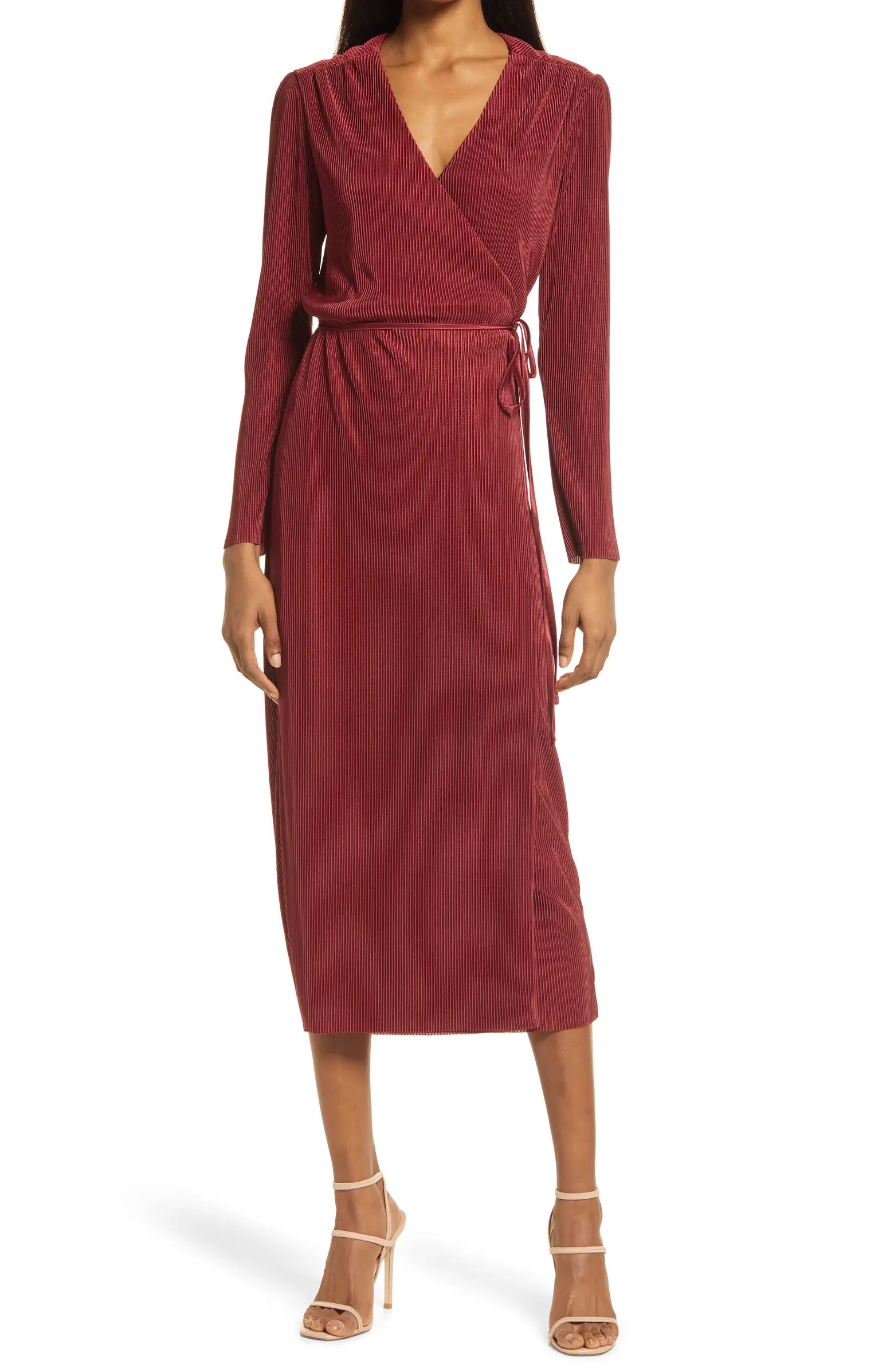 Plissè Long Sleeve Wrap Midi Dress | Nordstrom