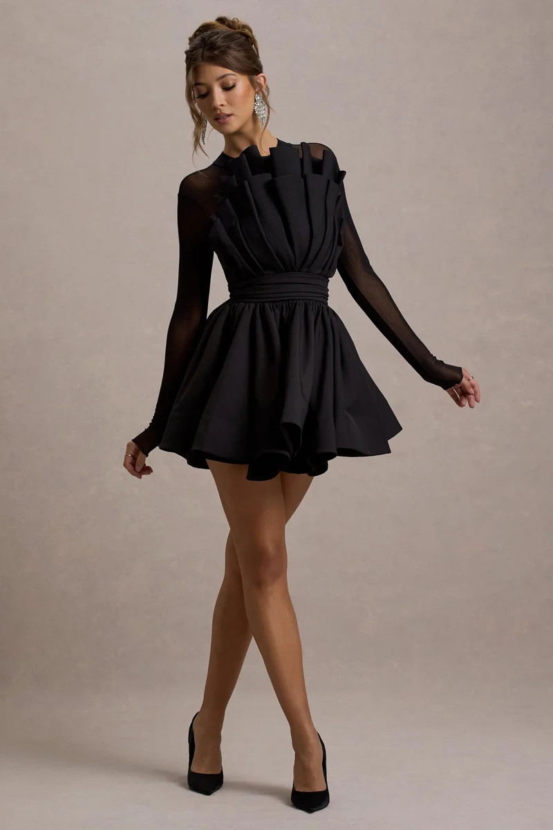 Jeri | Black Mesh Long-Sleeve Ruffled Mini Dress | Club L London