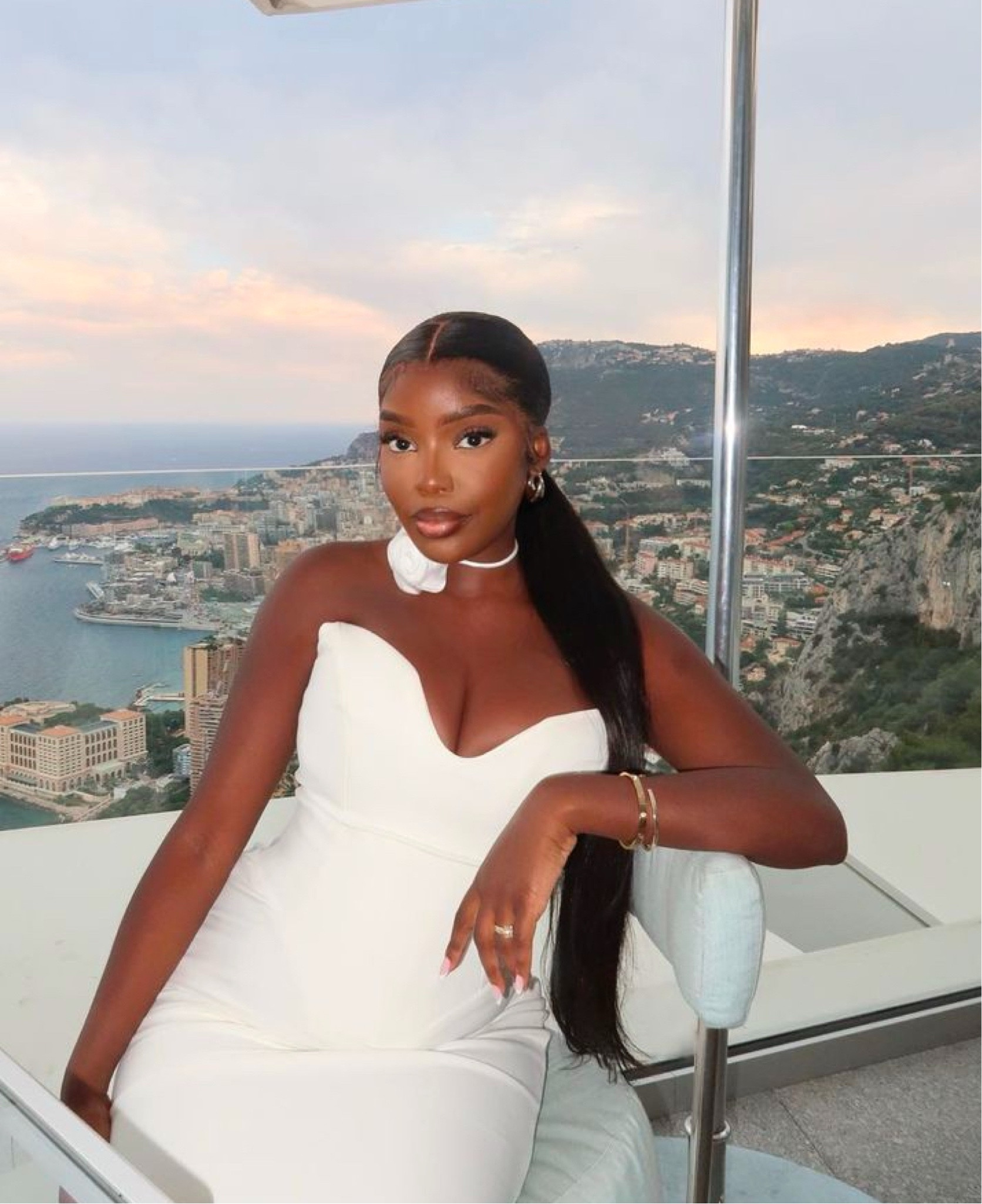 White strapless dress
White floral choker 

#LTKMostLoved #LTKWedding #LTKStyleTip