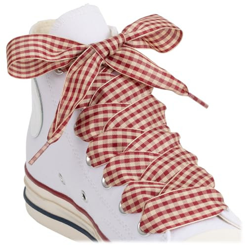Puzeam 2 Pairs Fancy Ribbon Shoe Laces for Sneakers 1" Wide Flat Checkered Shoelaces for Boots Gingham Lace shoelaces for Women (S-Beige and Red, 55 Inches) | Amazon (US)