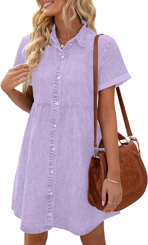 LookbookStore Women's Short Sleeve Button Down Flowy Tiered Babydoll Denim Dress | Amazon (US)
