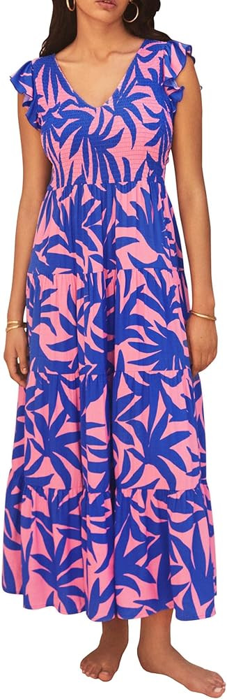 PRETTYGARDEN Women's Summer Flowy Maxi Dress Casual Cap Sleeve V Neck Smocked Beach Sundress | Amazon (US)