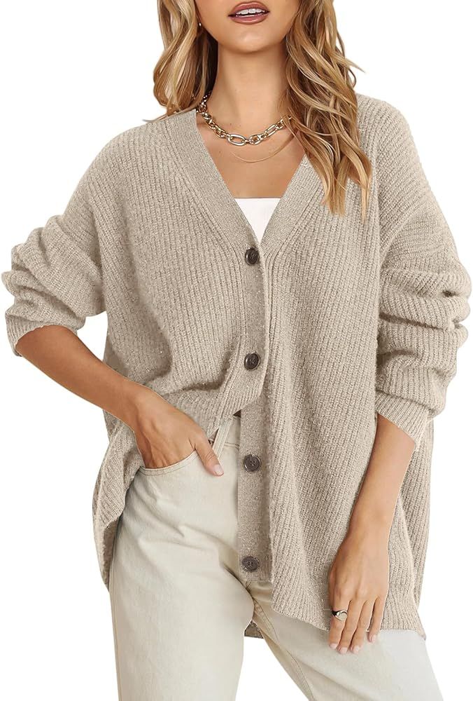 Senllen Cardigan Sweaters for Women Lightweight V Neck Open Front Oversized Knit Outwear | Amazon (US)