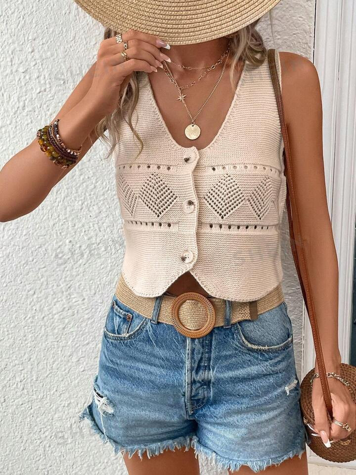 SHEIN VCAY Button Front Pointelle Knit Sweater Vest | SHEIN