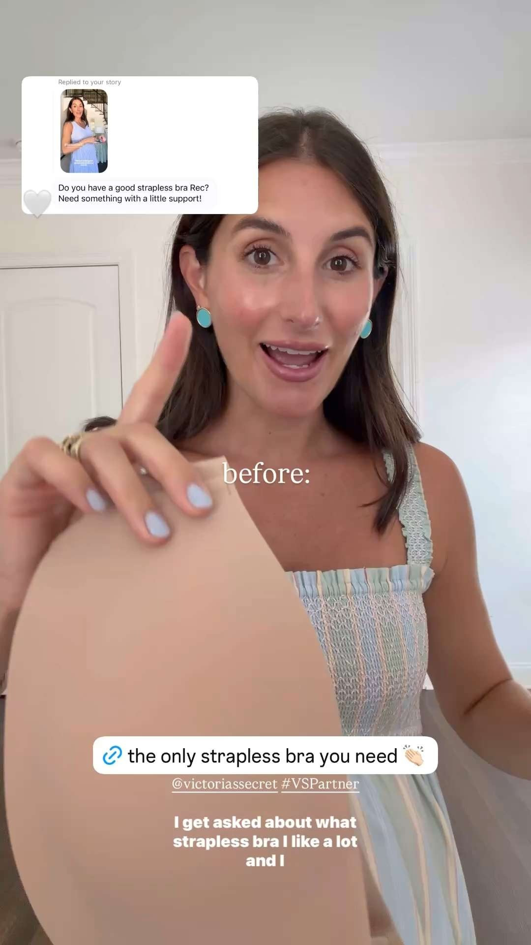 This @victoriassecret Bandeau is the only strapless bra I own 👏🏻 its comfortable, seamless, supportive & it has a no slip technology that keeps it in place!+ I also grabbed some pajama sets & the softest sleepshirt that I will be living in postpartum!! #VSPartner 🤍 

 