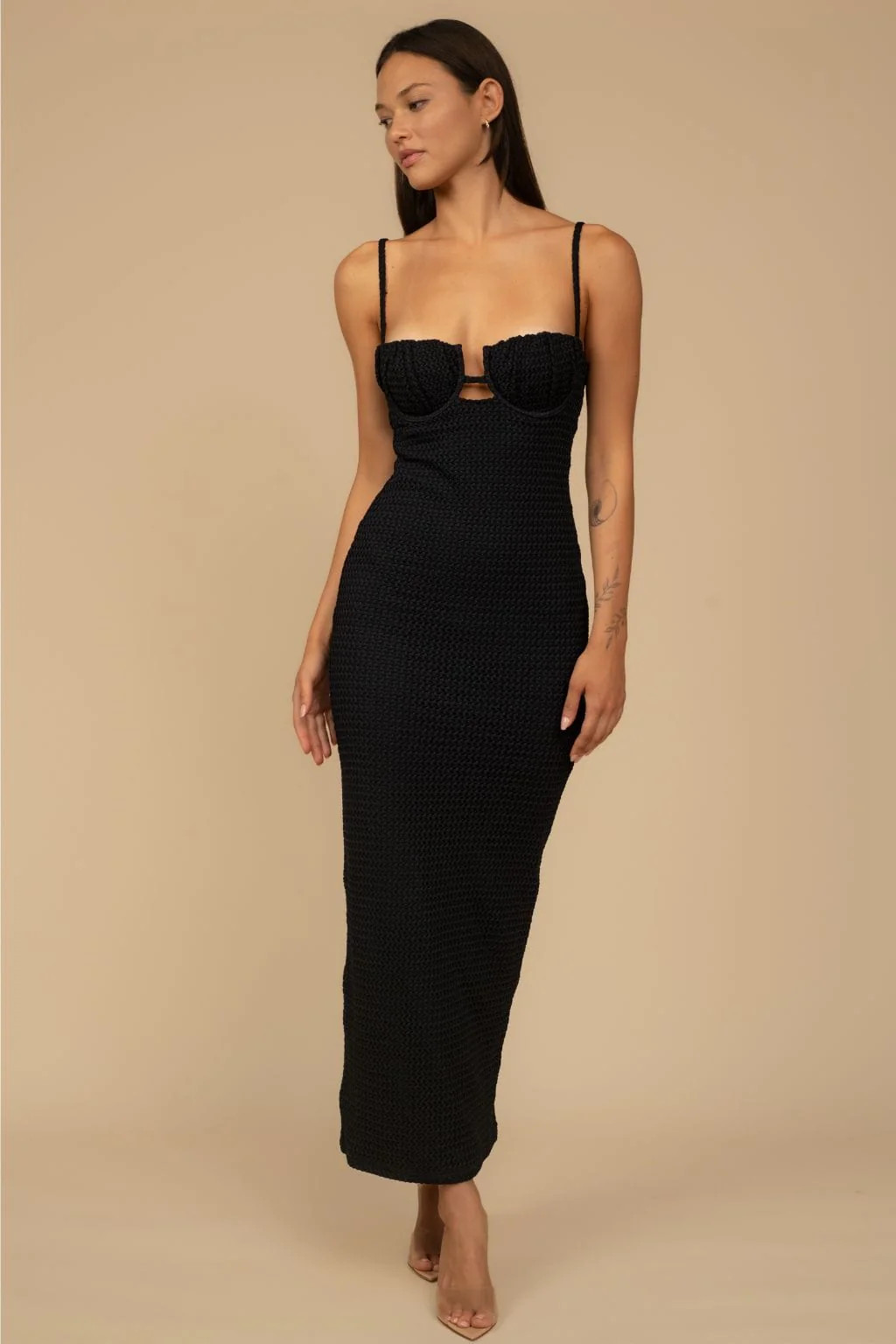 Black Crochet Petal Long Slip Dress | Montce