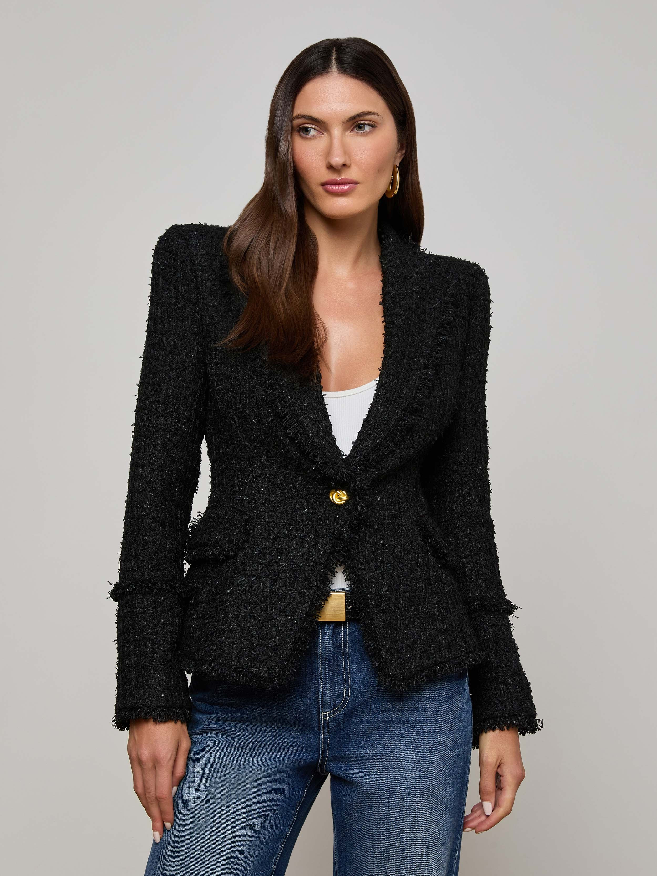 Kaisley Frayed Trim Blazer in Black | L'AGENCE | L'Agence