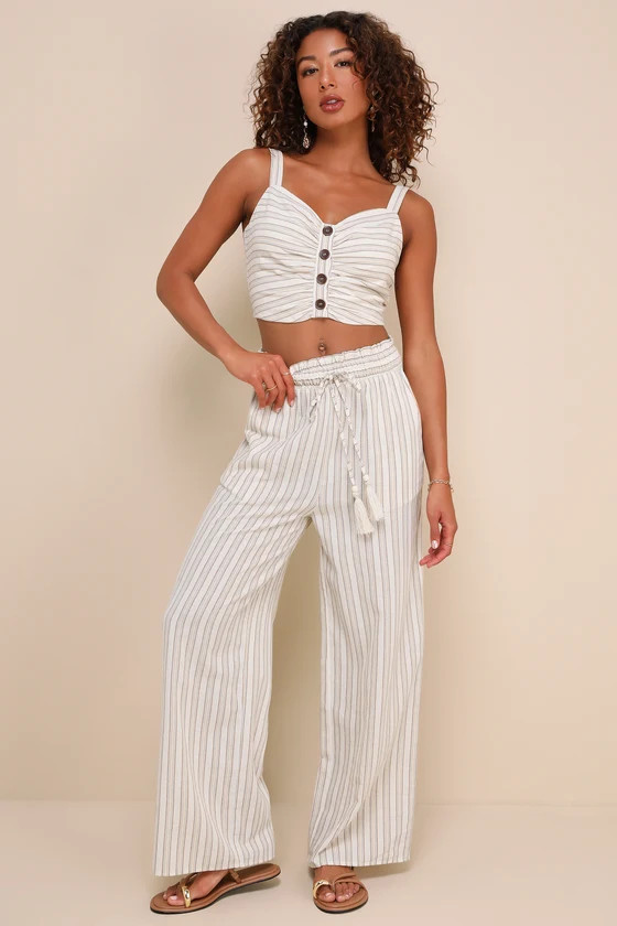 Endless Leisure Beige Multi Striped Smocked Waist Wide-Leg Pants | Lulus